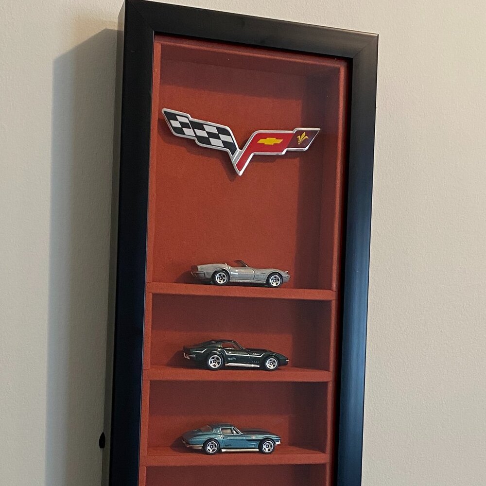 Custom Diecast Corvettes Display Shadow Box w/ Emblem & hot Wheels Cars